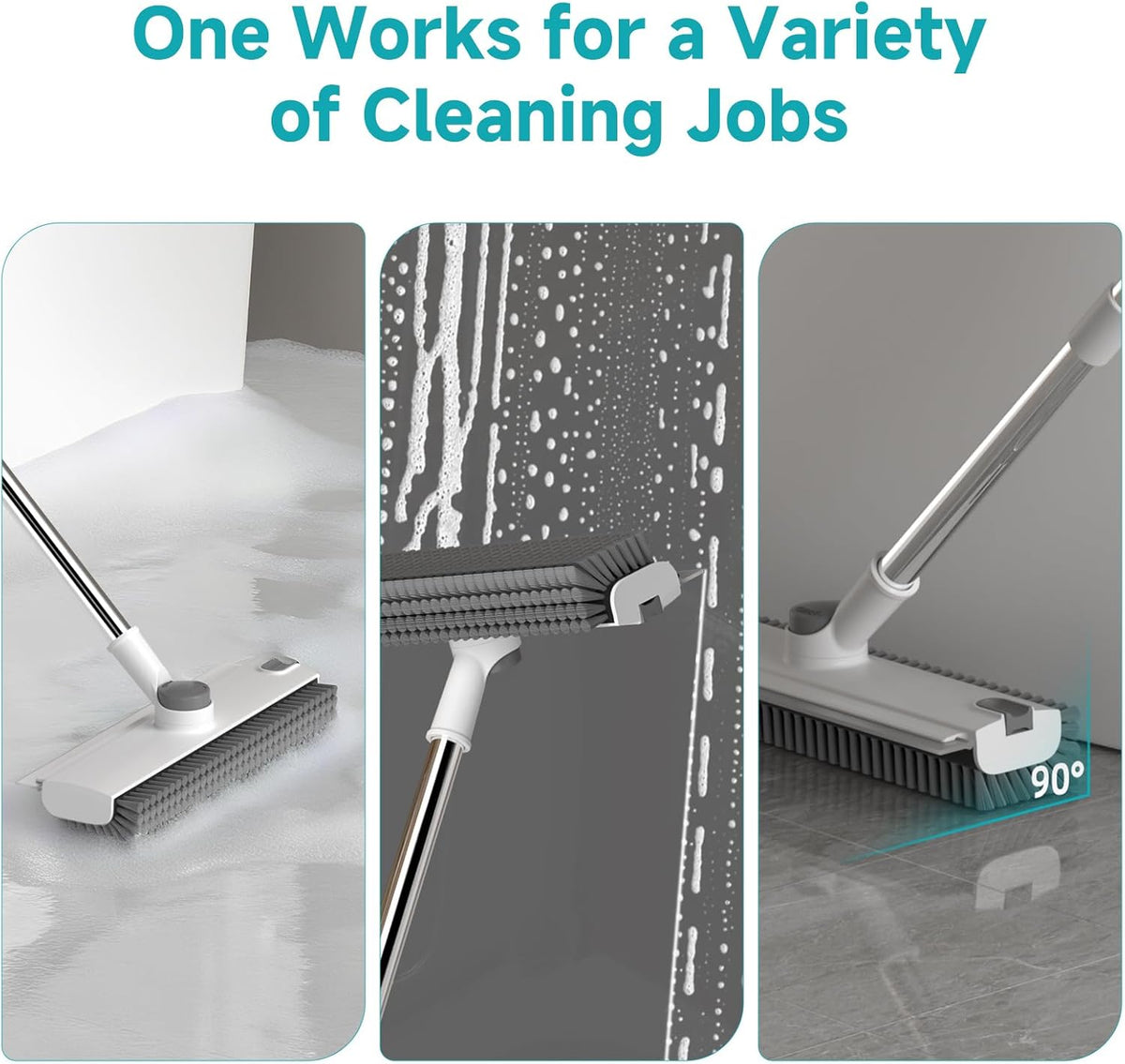 Floor Scrub Brush with Long Handle Length Adjustable, 3 in 1 Heavy-Duty Stiff 90° Bristle Floor