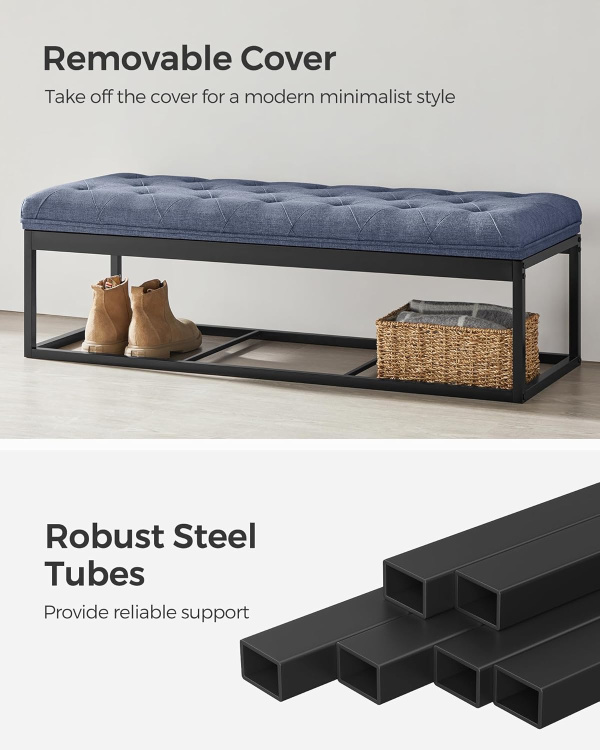 SONGMICS Storage Ottoman Bench, Foot Rest with Legs, 15.7 x 43.3 x 15.7 Inches, End of Bed Bench