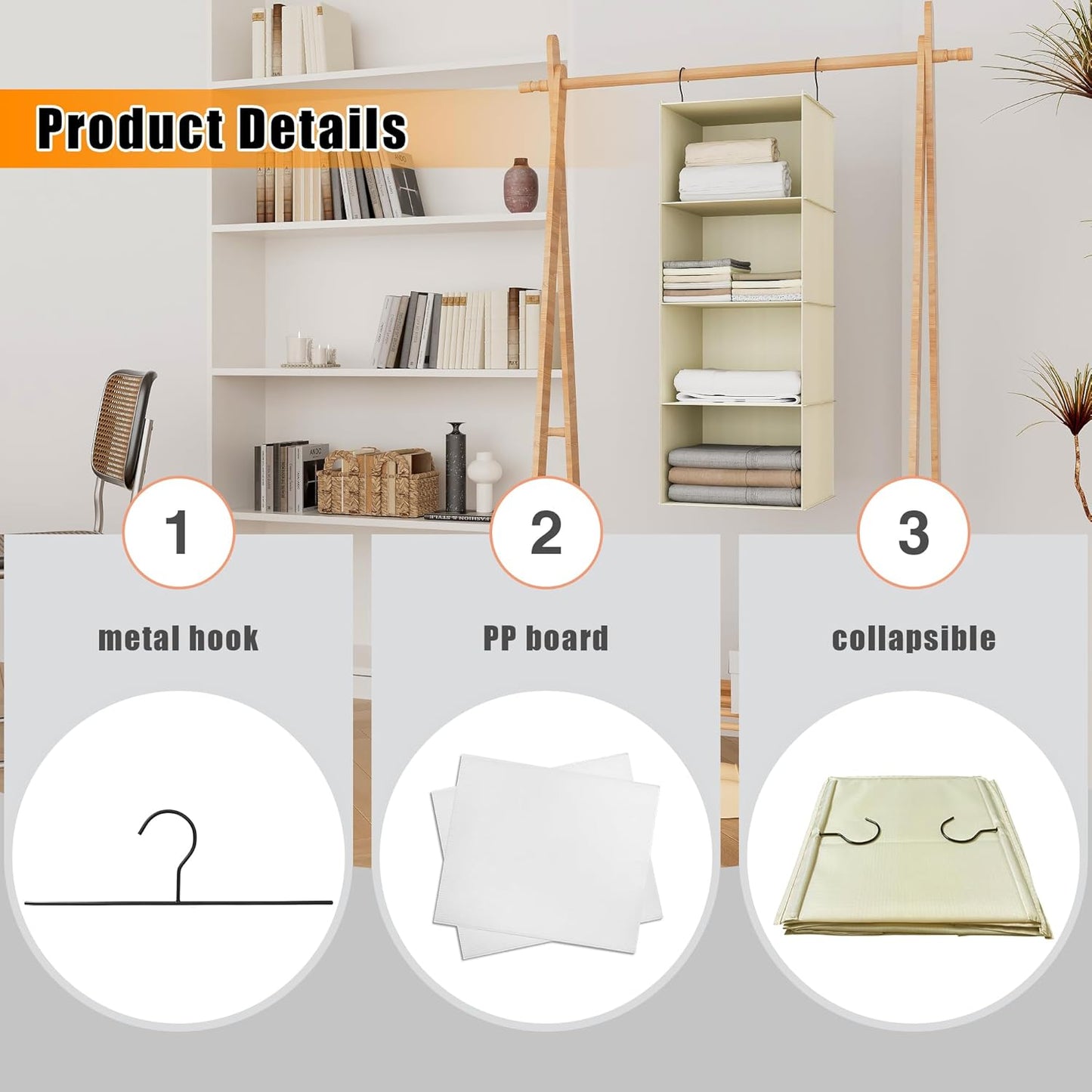 Hanging Closet Organizer, Easy Mount Foldable 4-Shelf Hanging Closet Wardrobe Storage Shelves