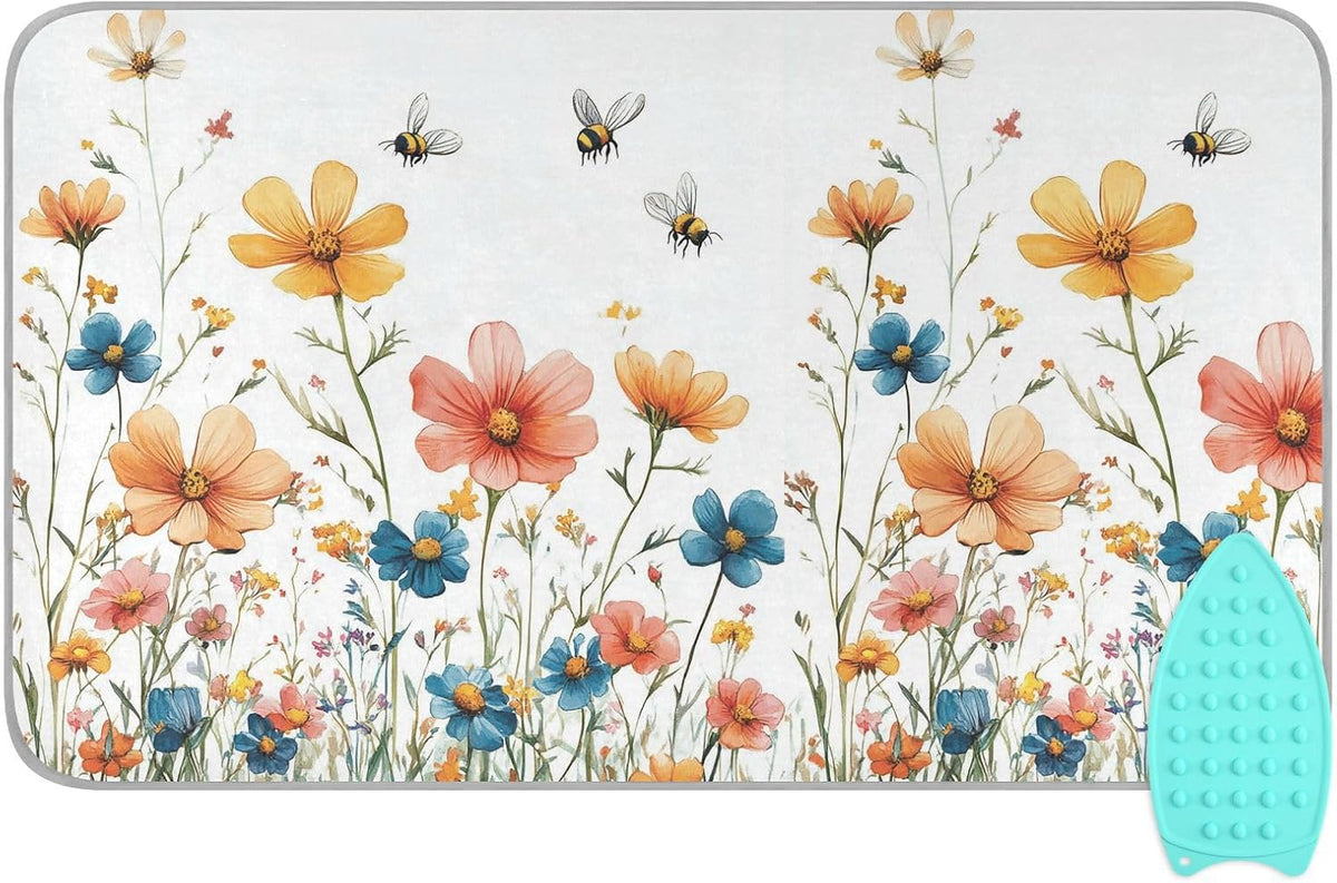 Yellow Wildflower Bees White Ironing Mat for Table top Portable Ironing Pad Blanket for Washer