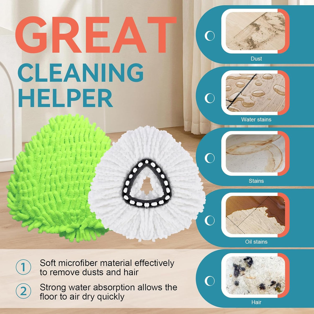3 Pack Mop Replacment Heads for O-Ceda Mop Replace Head Spin Mop Heads Replacements, Microfiber