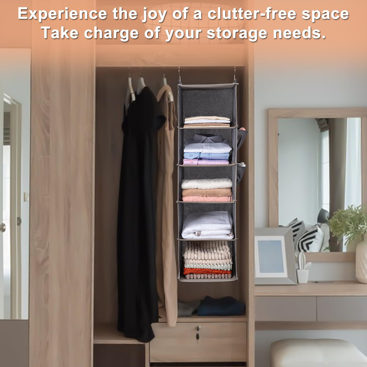 BOOMIBOO Hanging Closet Organize and Shelves，5-Hanging Shelf with 2 Side Pockets，Storage Foldable