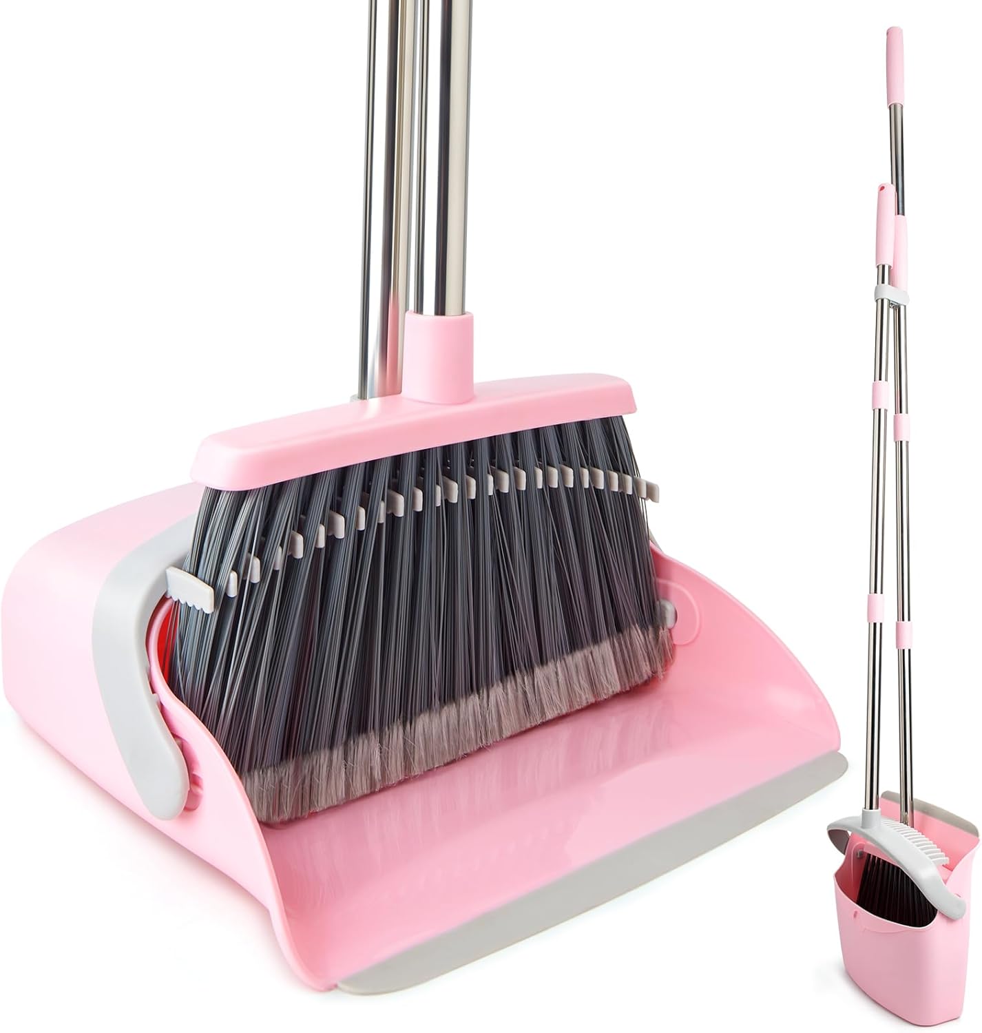 Broom and Dustpan Combo Set, Long Handle and Standing Dust Pan with Comb Teeth, Efficient Floor