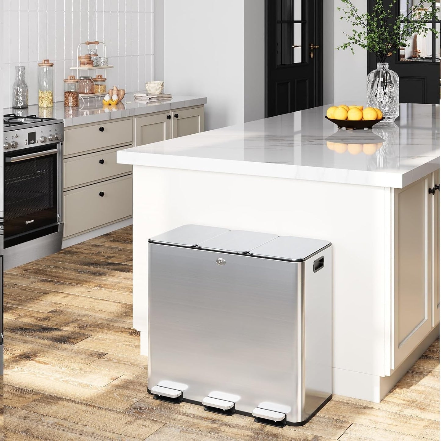 60L/15.9 Gal Gallon Three-Compartment Pedal Stainless Steel Kitchen Recycling Trash Can with Odor