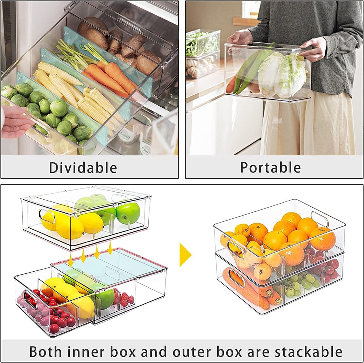 MineSign 4 pack Stackable Fridge Drawers Pull-Out Bins Divided Produce Saver Containers for