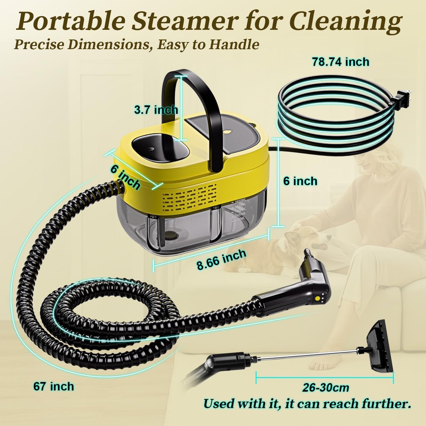 Steam Cleaner,15s Heat-Up,1.6L Tank,3-Level Adjustable Handle,2500W Steamer for Cleaning,Portable