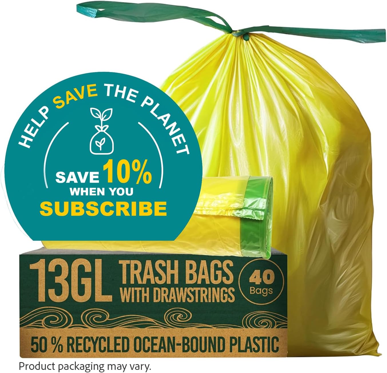 13 Gallon Trash Bags with Drawstrings, 40 Bags Made from 50% Recycled Plastic, Leakproof and