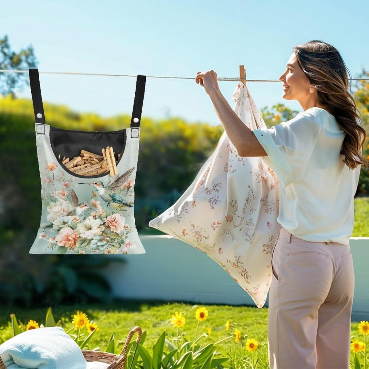 Hummingbird Floral Clothes Pin Bag to Hang On Line Reusable Clothespin Holder Laundry Room