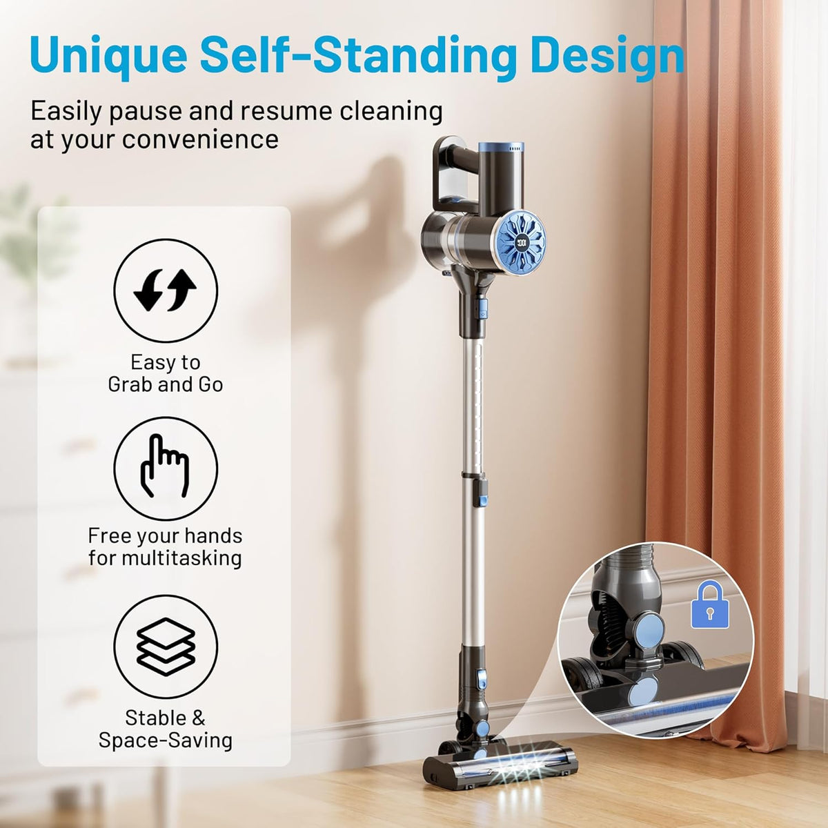 Cordless Vacuum Cleaner with Self-Standing, LED Screen Stick Vacuum Cleaners for Home, Lightweight