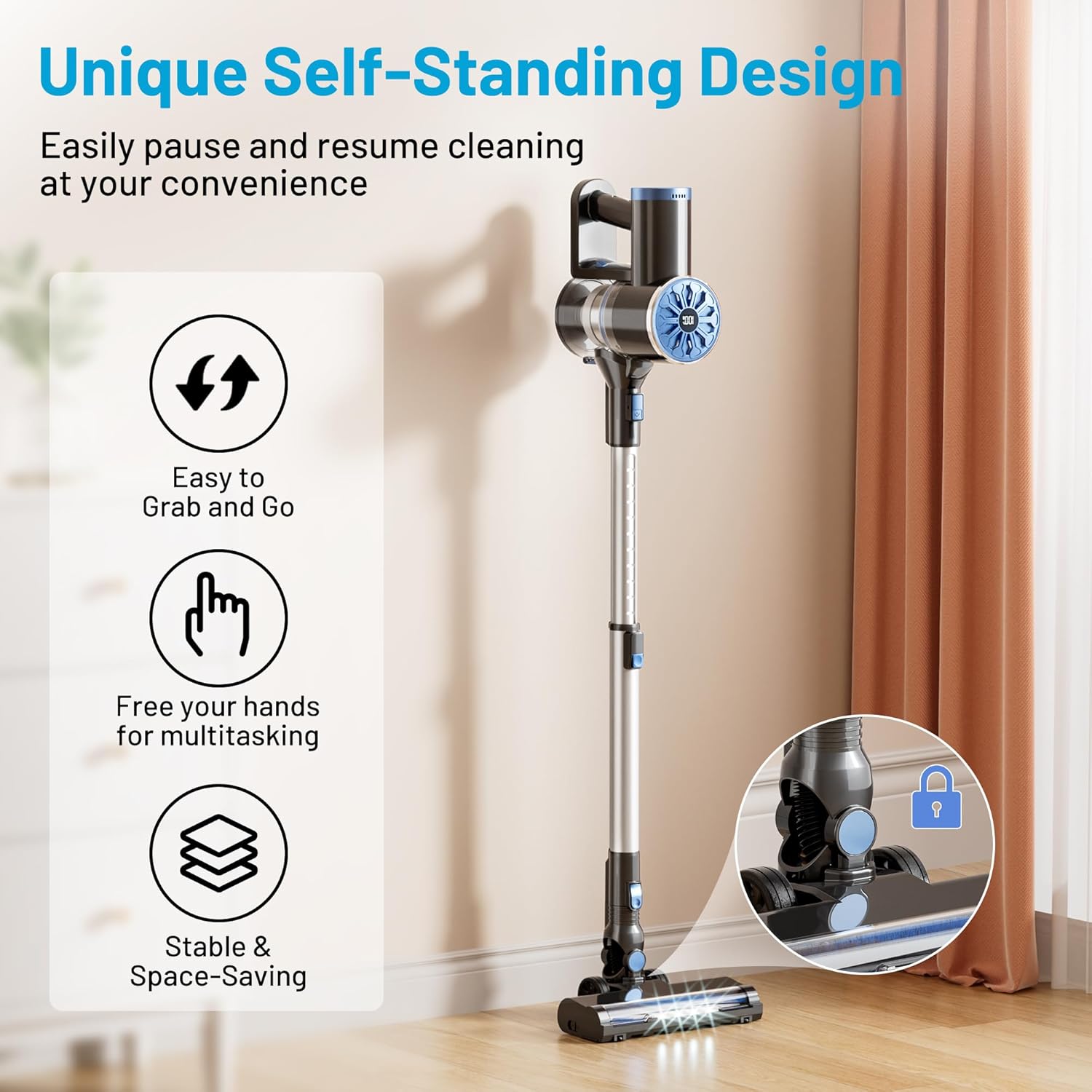 Cordless Vacuum Cleaner with Self-Standing, LED Screen Stick Vacuum Cleaners for Home, Lightweight