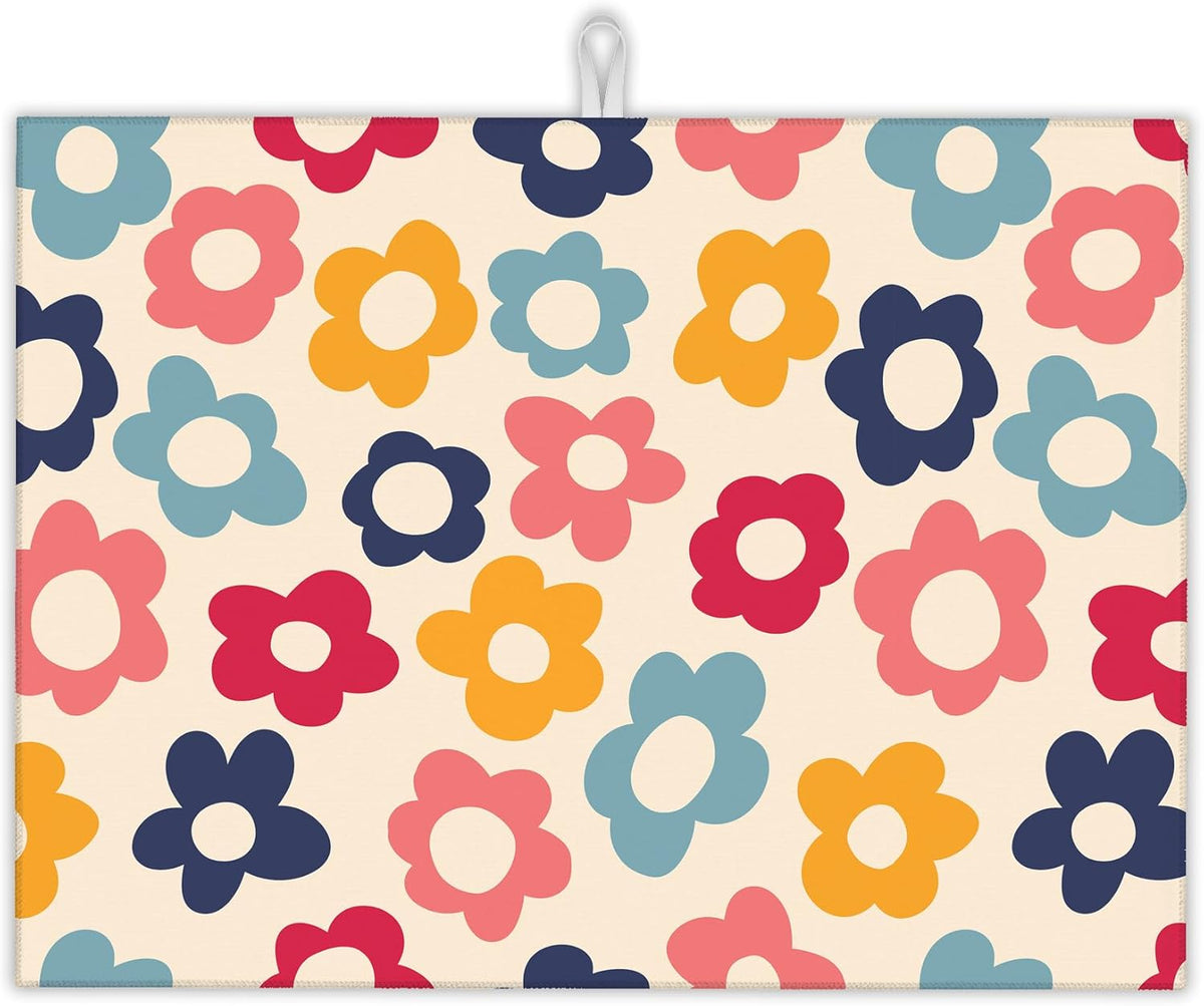 Vintage Groovy Flowers Dish Drying Rack Mats Decor,Colorful Daisy Dish Pad Drying Mat Kitchen