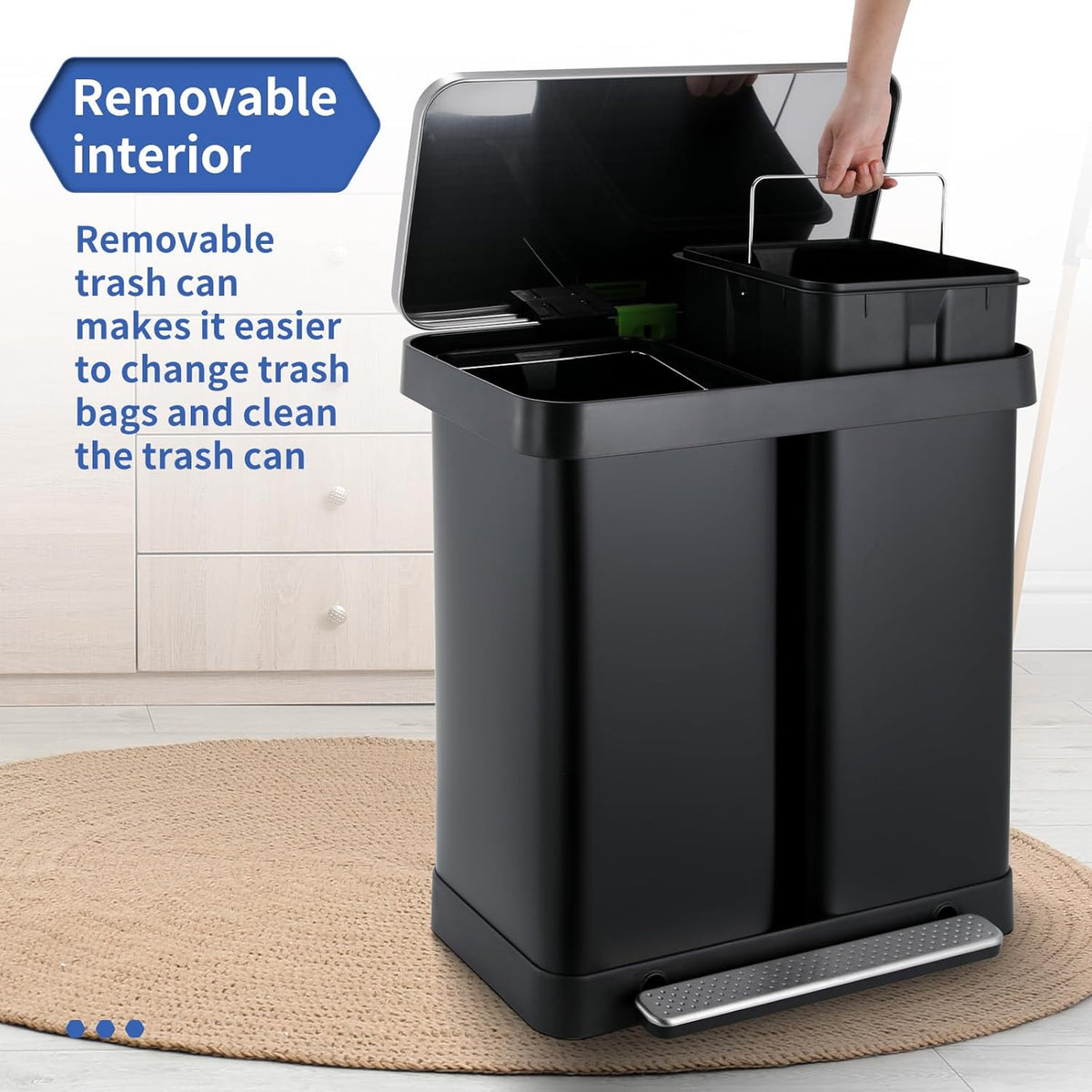 16 Gallon Dual Compartment Trash Can, Hands-Free Recycling Rectangular Garbage Bin, Stainless Steel