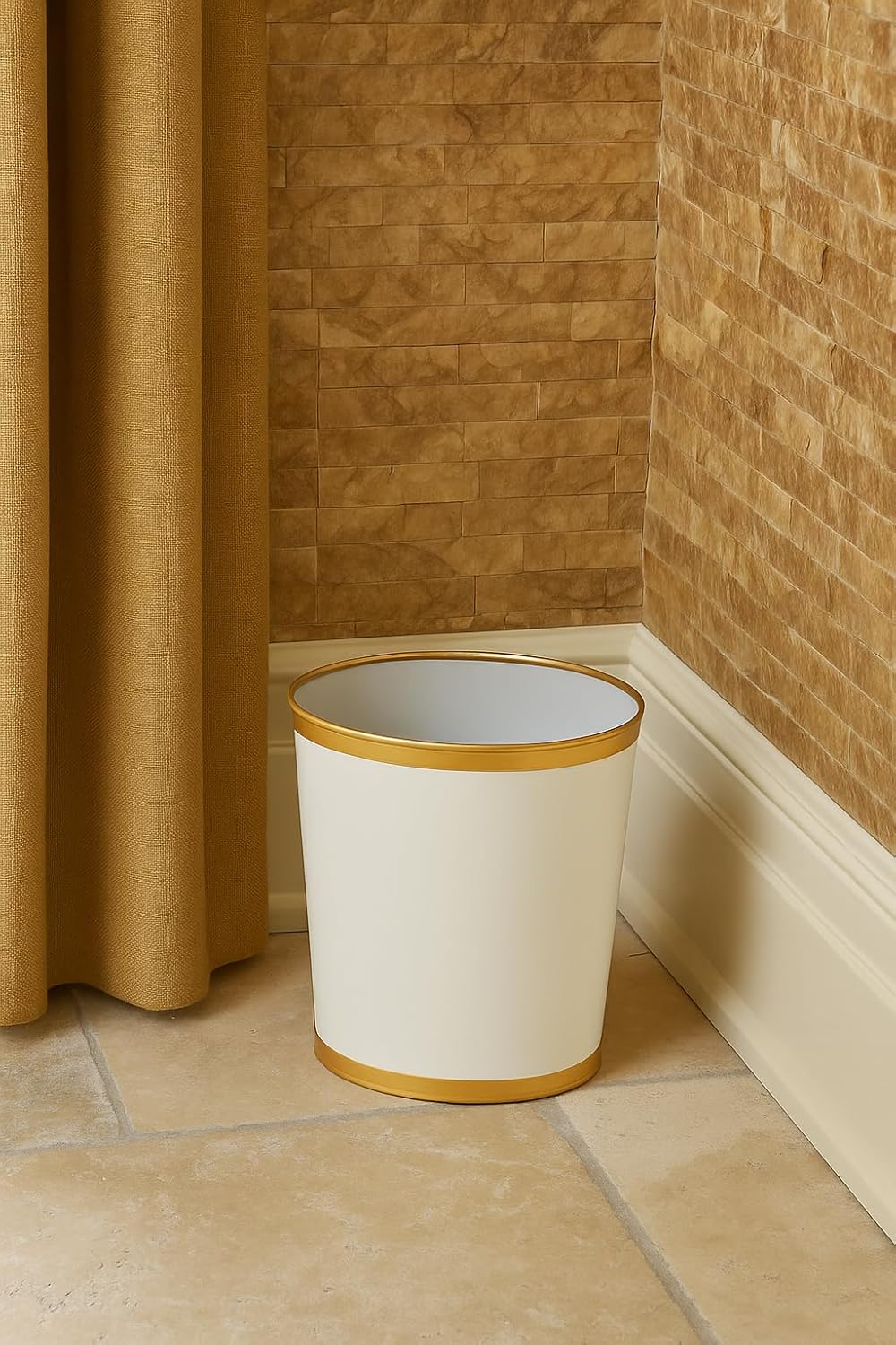 Jaye's Studio Mattie Decorative White and Gold Bathroom Trash Can, Metal Waste Basket Modern