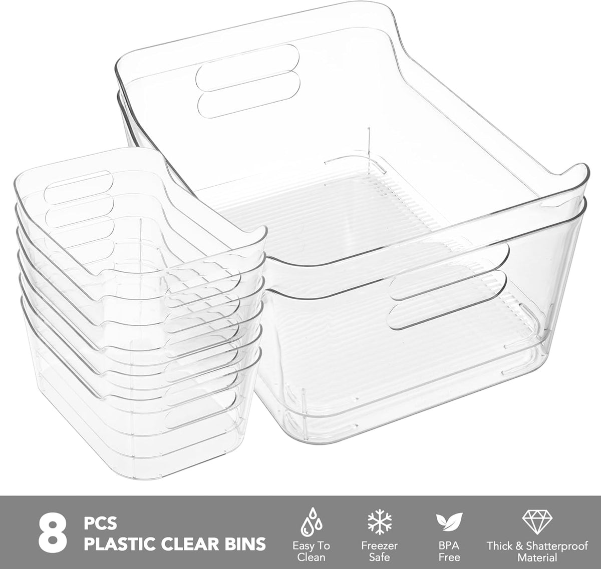 Tiawudi Set of 8 Clear Plastic Storage Bins, 2 Extra Large and 6 Small Storage Containers for