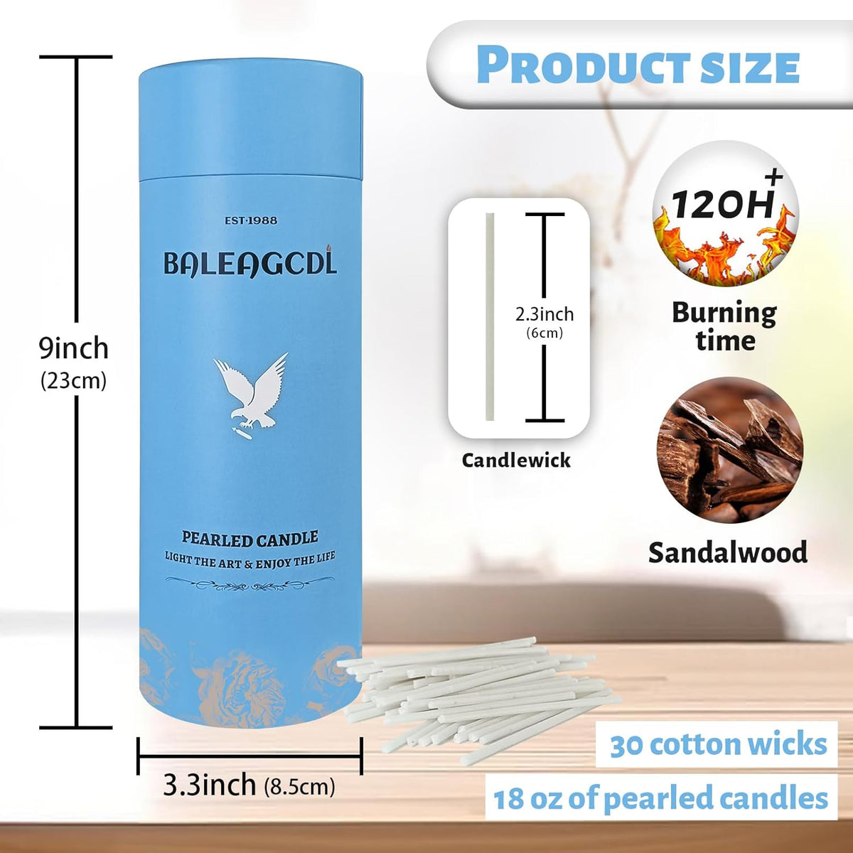 Sandalwood Scented White Pearled Candle 18oz Luxury Sand Candle Granulated Wax - 30 Cotton Wicks