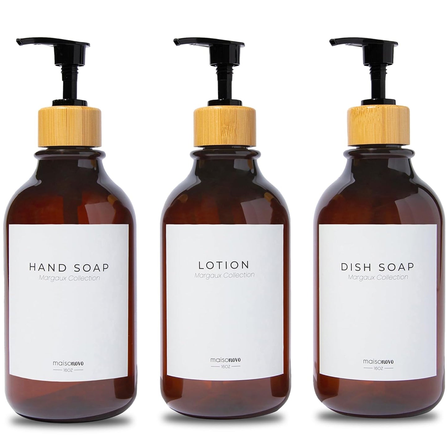 MaisoNovo Refillable Shampoo and Conditioner Bottles | 16.9 fl oz Set of 3 Amber Plastic Bottles