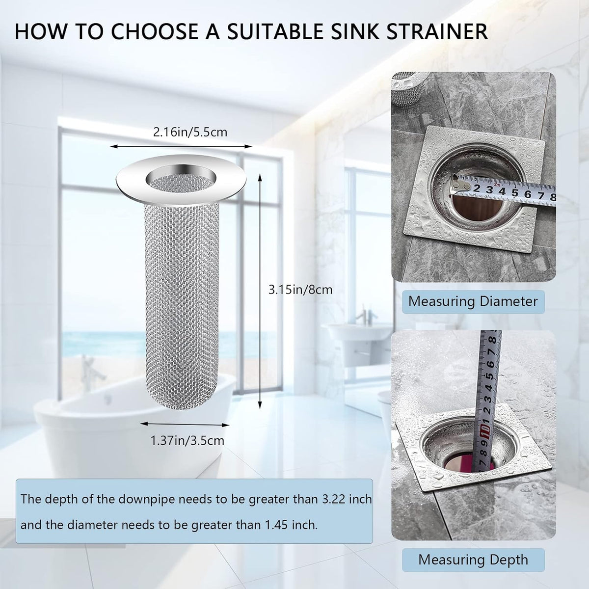 Resdenio Bathroom Sink Drain Strainer Stainless Steel, 2 Pack Floor Drain Filter Mesh Basket Filter