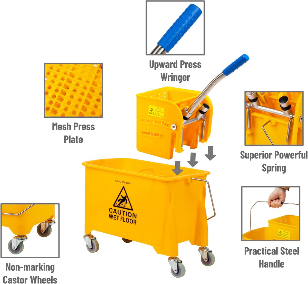Mind Reader Bucket with Wringer and Mop Set, 22 Qt (5.5 Gallon), Floor Cleaning, Wheels, 16.25" L x