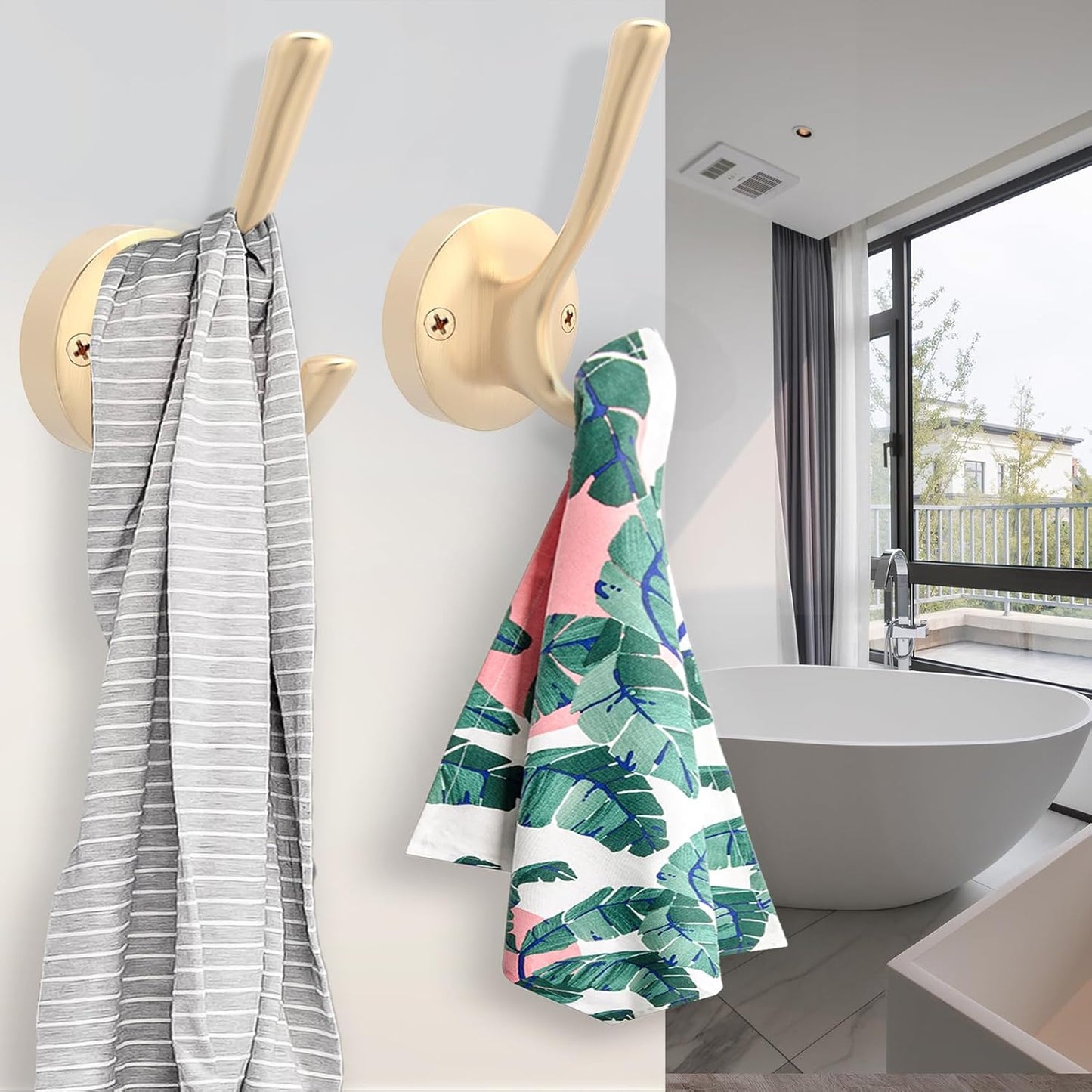 Gold Wall Hooks, 6 Pack Coat Robe Hook Heavy Duty Metal Double Bath Hook Wall Mounted, Hand Towel