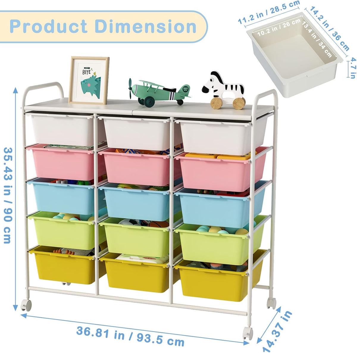 15 Drawers Rolling Cart With Wheels, Plastic Storage Drawer With Metal Frame, Multipurpose Art