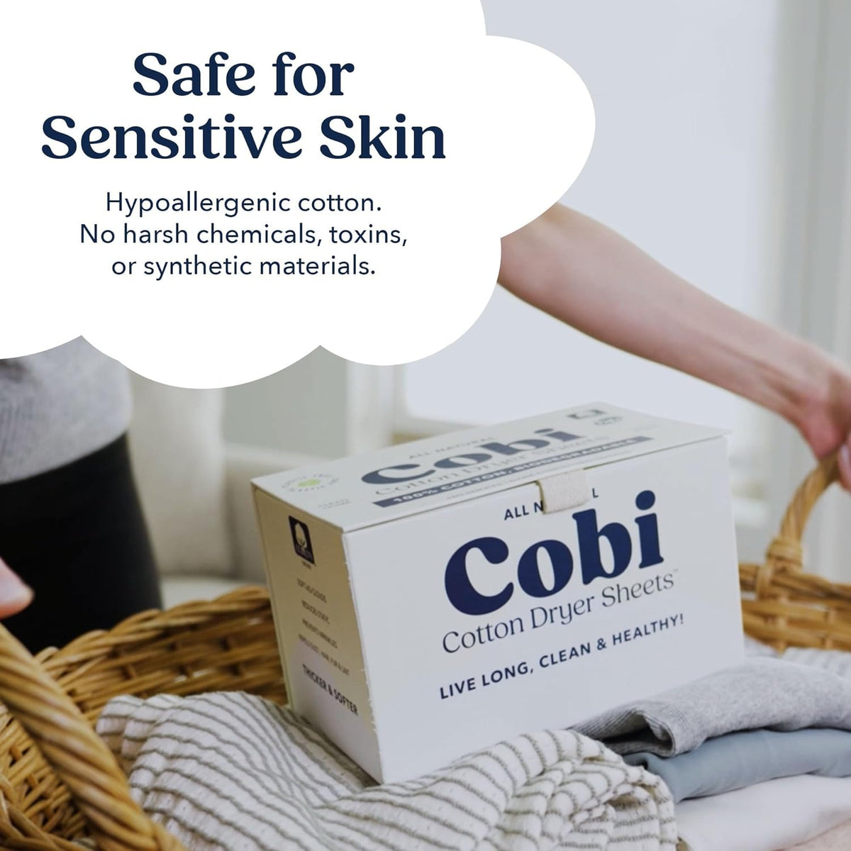 Cobi Eco-Friendly Dryer Sheets - 100% Cotton Biodegradable Non-Toxic & Unscented for Sensitive