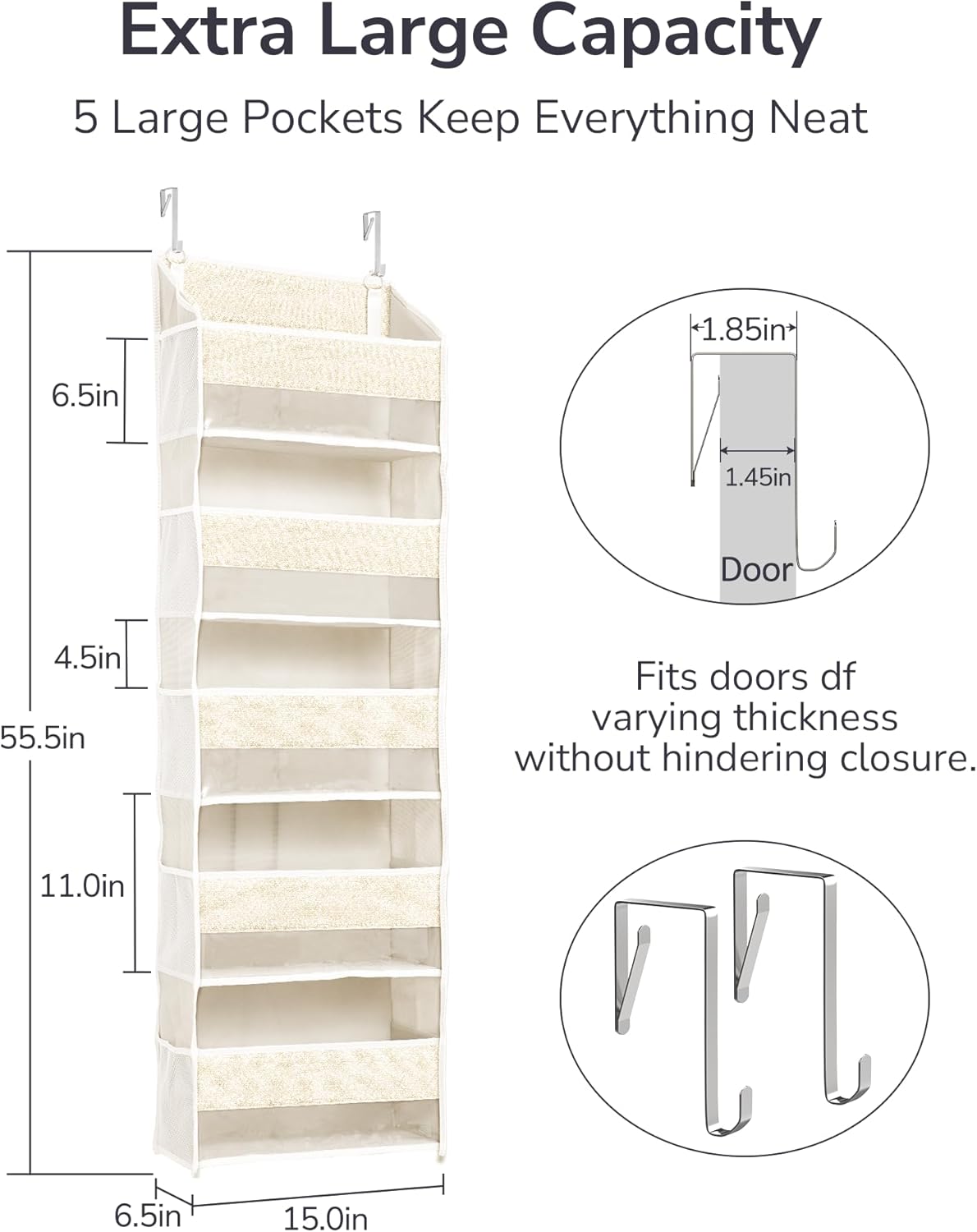 ULG 1 Pack Over Door Organizer with 5 Large Pockets 10 Mesh Side Pockets, Upgraded Linen Texture