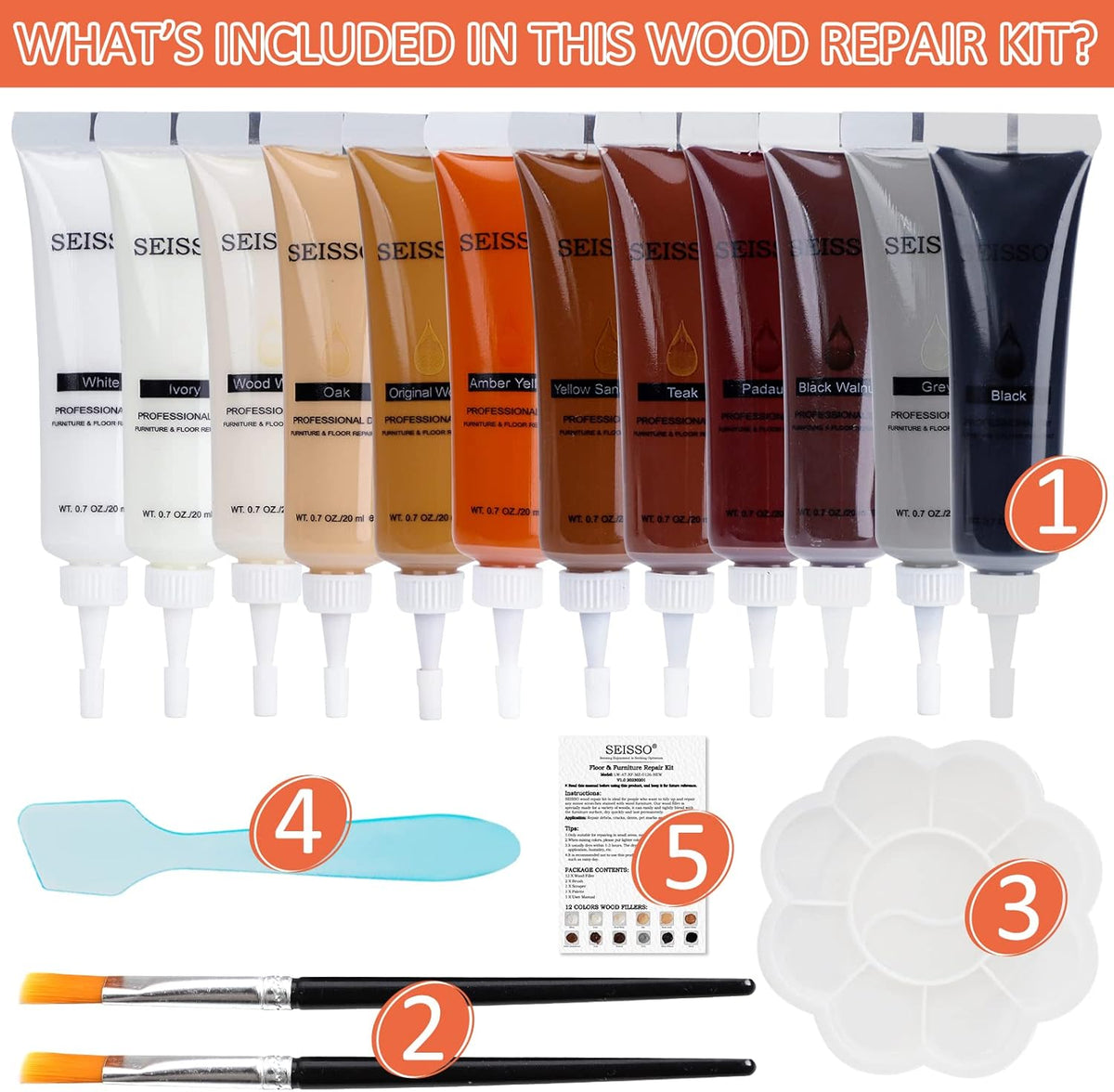 SEISSO Wood Scratch Repair Kit, 12 Colors Wood Filler Putty for Scratches Furniture Markers Touch