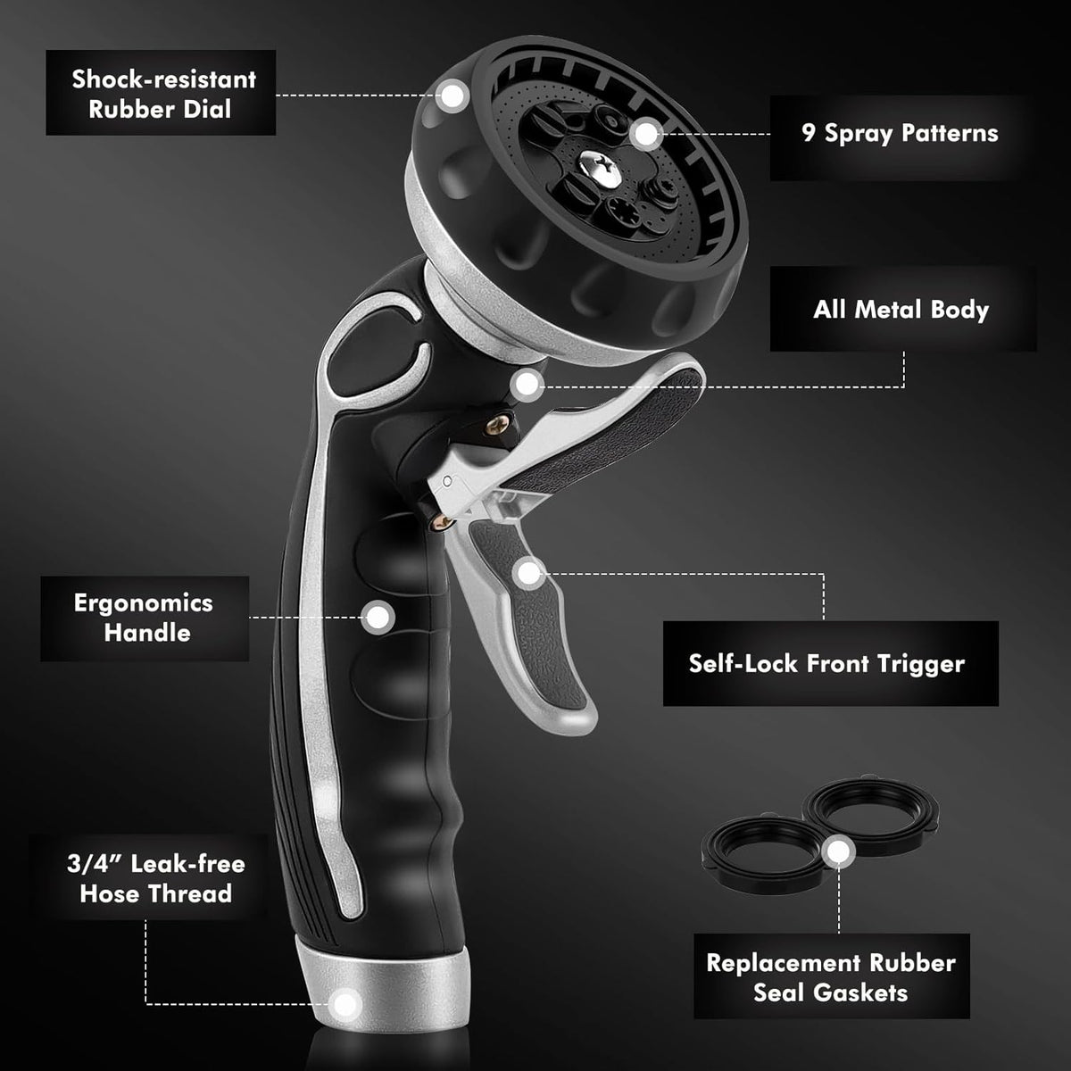 RESTMO Hose Nozzle with Easy Self-Lock Trigger, Heavy Duty Metal Water Hose Sprayer with 9 Spray
