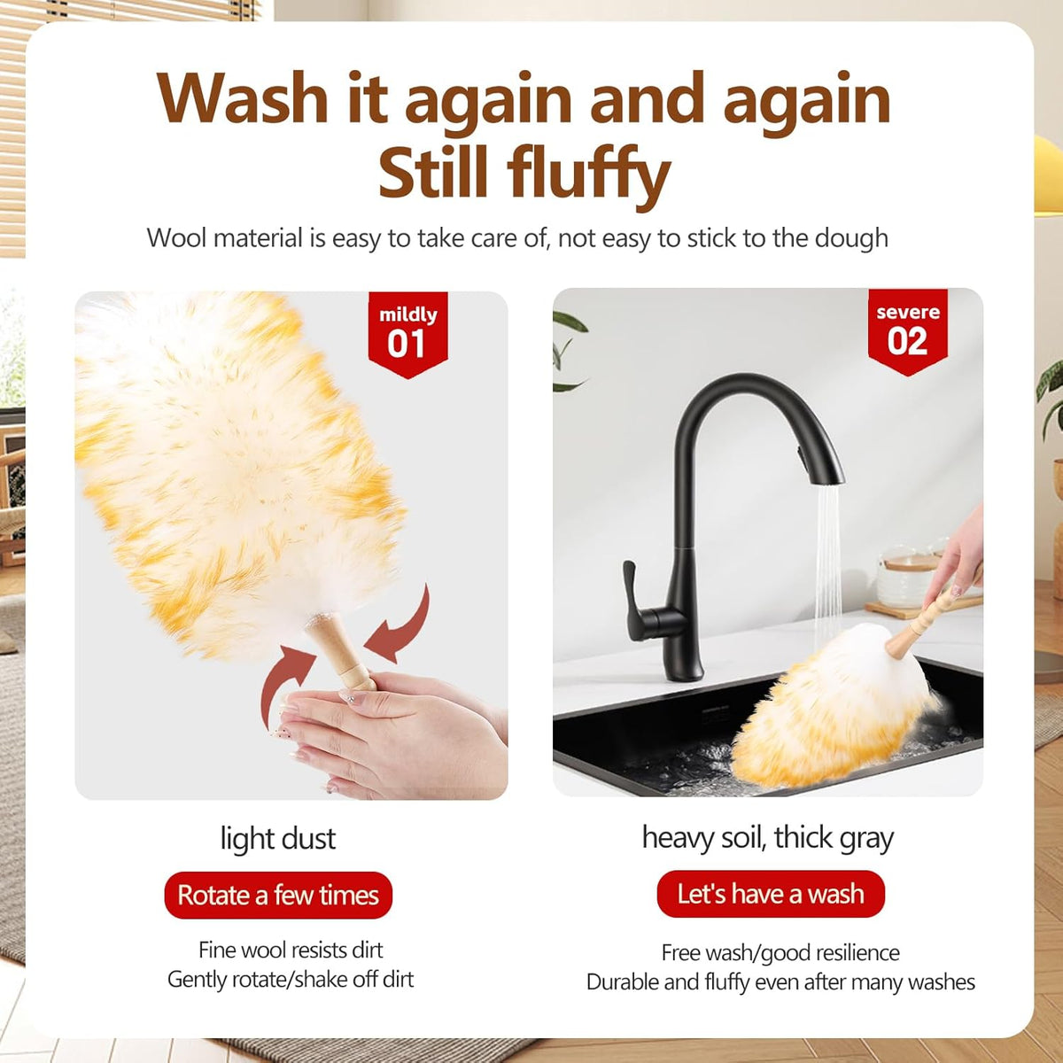 Lambswool Duster for Cleaning with Solid Wooden Handle Leather Hang Strap 19.6 inch Natural Feather