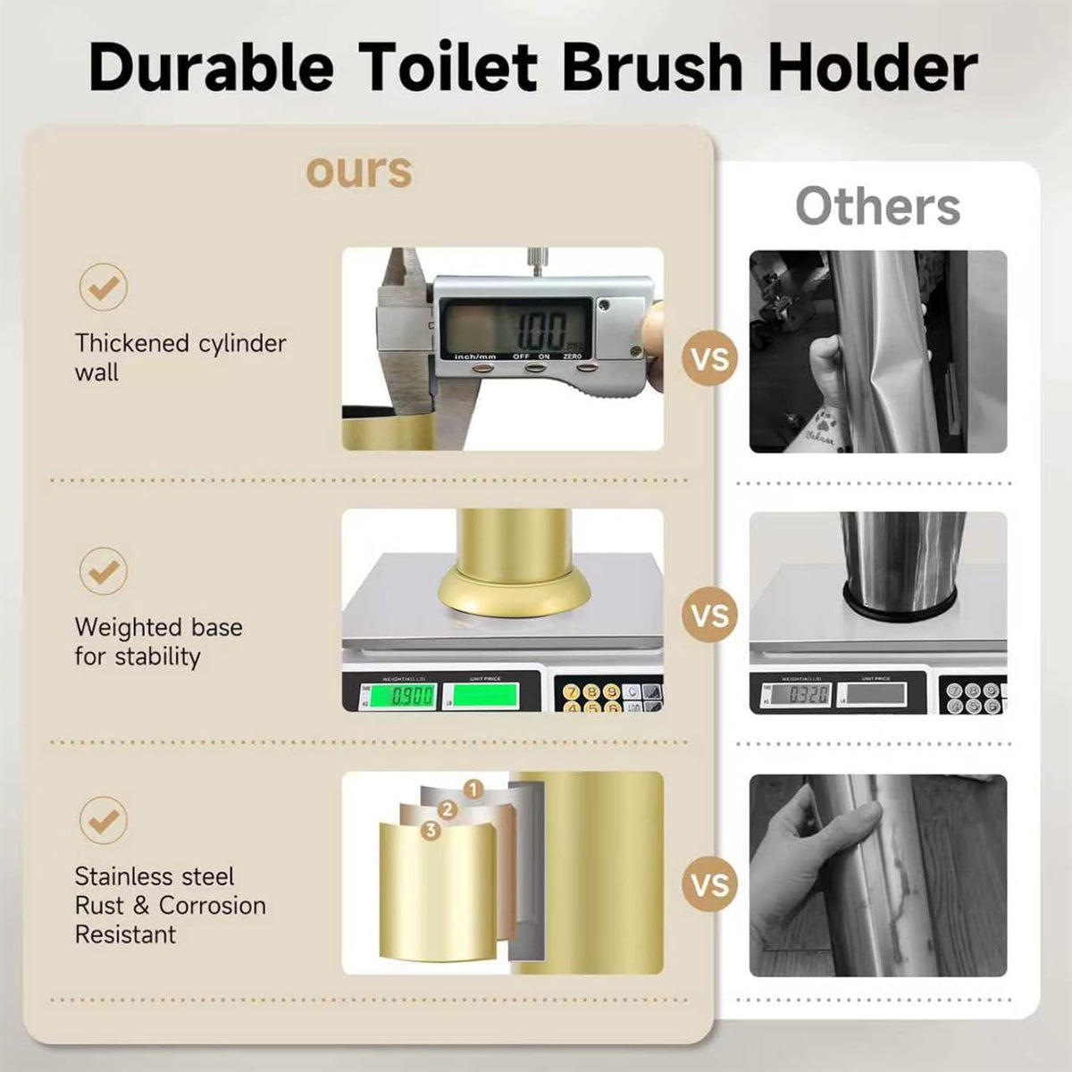 Gold Toilet Brush and Holder，Extra Long Handled Toilet Brush for Bathroom，Stainless Steel Heavy