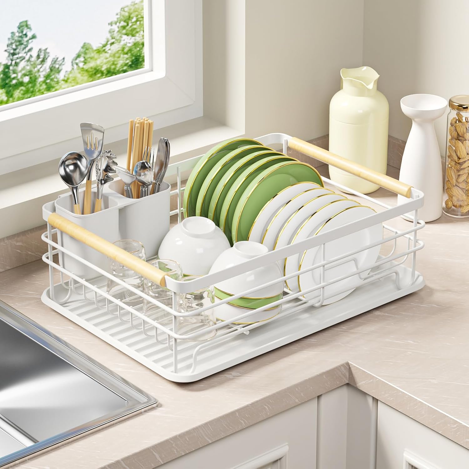 Dish Racks for Kitchen Counter: Wooden Handles, Thickened Metal, No Assembly. Small Dish Drying