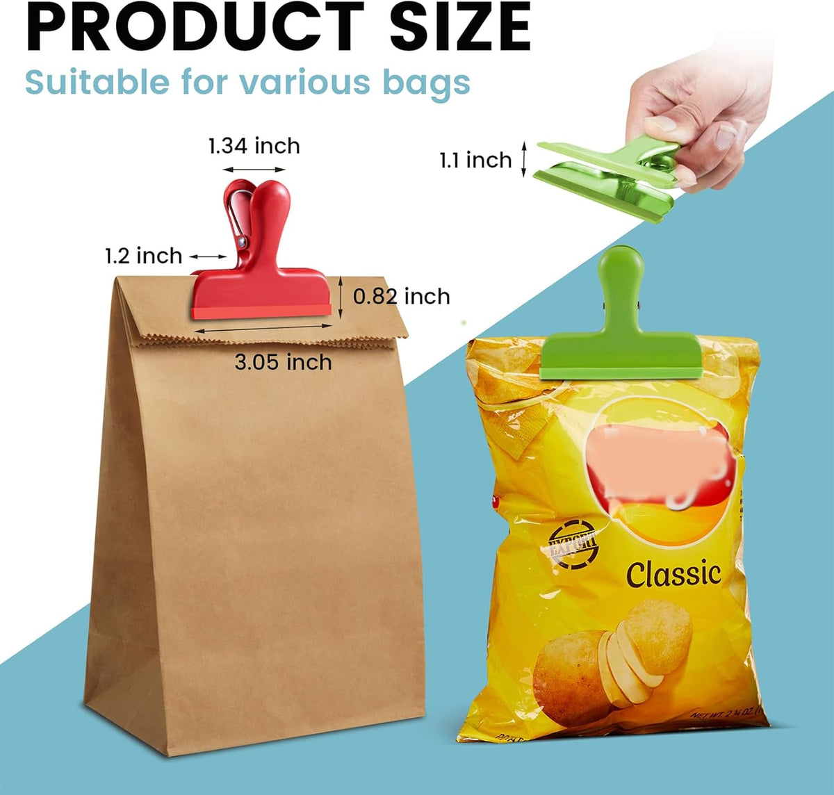 HOUSE AGAIN 8 Pack Stainless Steel Chip Bag Clips Covered with Silicone - NO More Sharp Edges