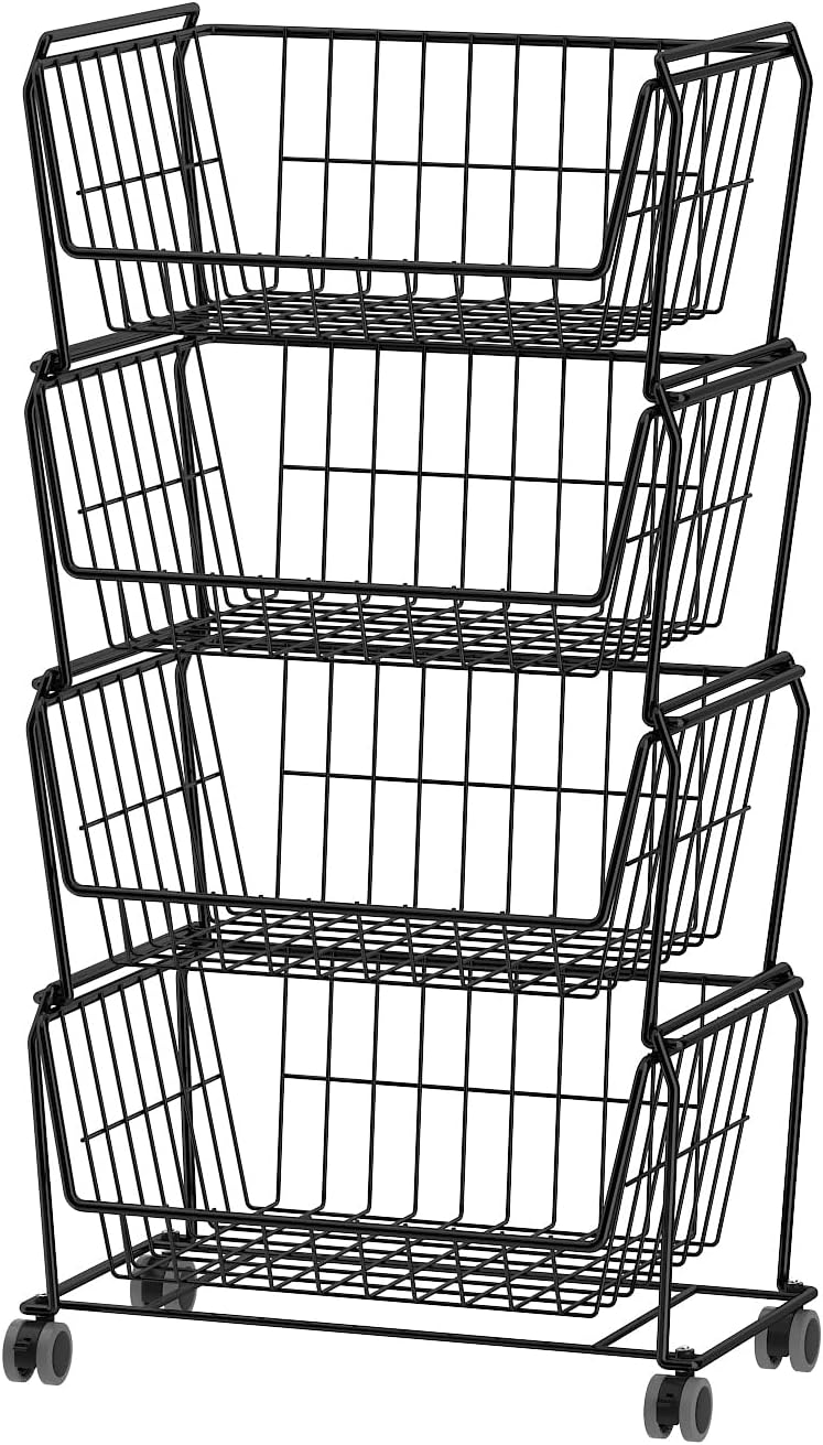 PUSDON Stackable Metal Storage Carts, Dual Use Shelf for Kitchen Fruit Vegetable Baskets with