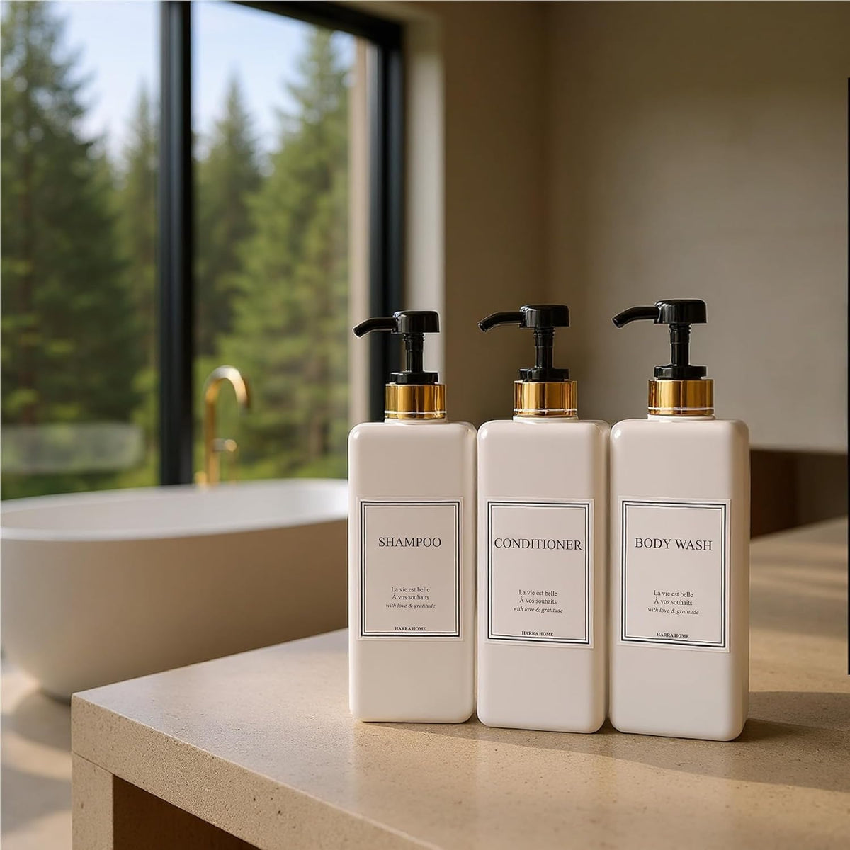 Modern Gold Design Large 27 oz Shampoo and Conditioner Dispensers - Empty Plastic Refillable Pump