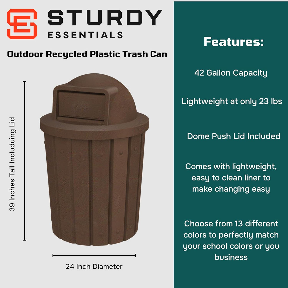 42 Gallon Slated Circle 100% Recycled Plastic Commercial Outdoor or Indoor Trash Can with Push Open