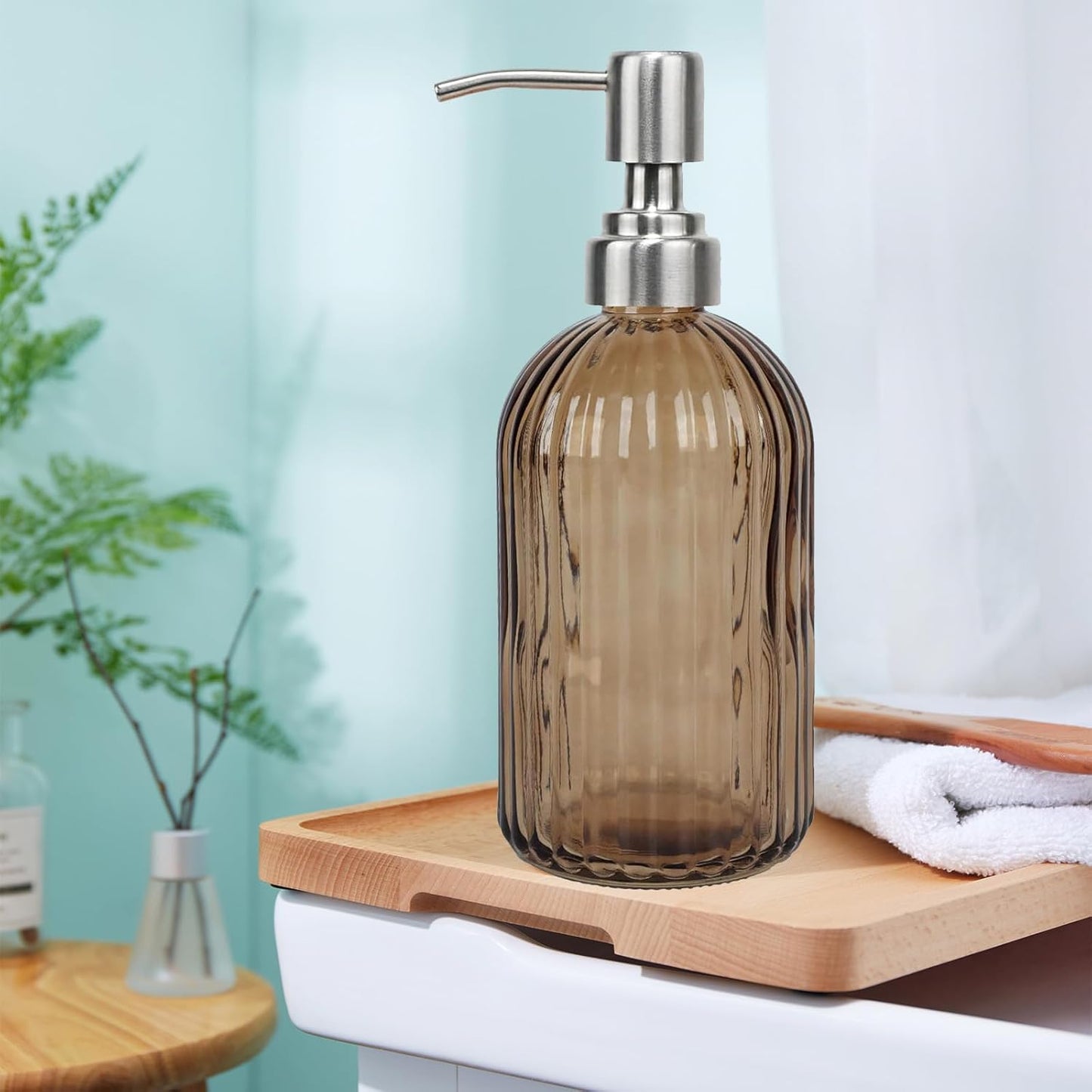 14Oz Brown Soap Dispenser Bathroom, Clear Glass Hand Soap Dispensers with Stainless Steel Pump