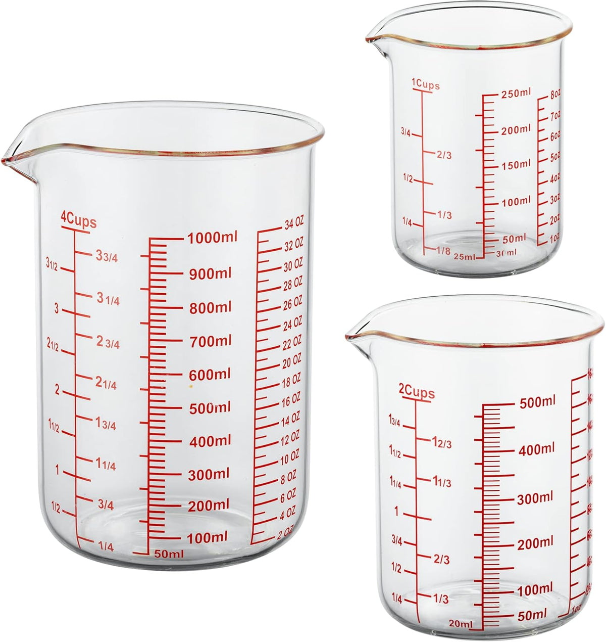 High Borosilicate Glass Measuring Cup Set-V-Shaped Spout，Includes 250ml(8OZ), 500ml(16OZ), and