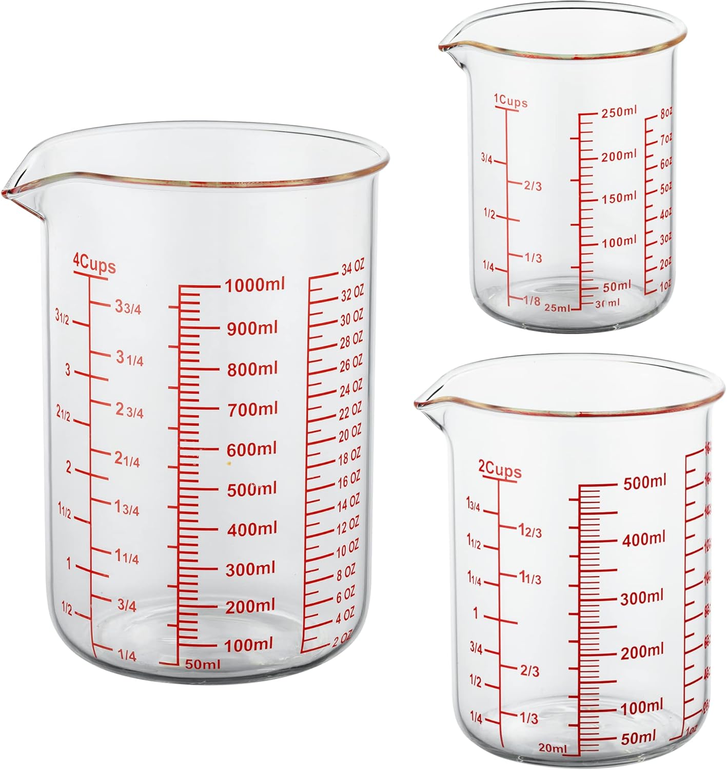 High Borosilicate Glass Measuring Cup Set-V-Shaped Spout，Includes 250ml(8OZ), 500ml(16OZ), and