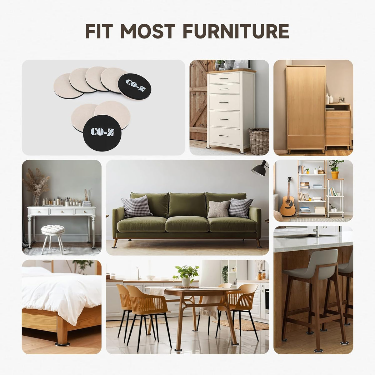 CO-Z 8pcs Felt Furniture Sliders for Hardwood Floors, 4 3/4 in Reusable Furniture Pads, Heavy
