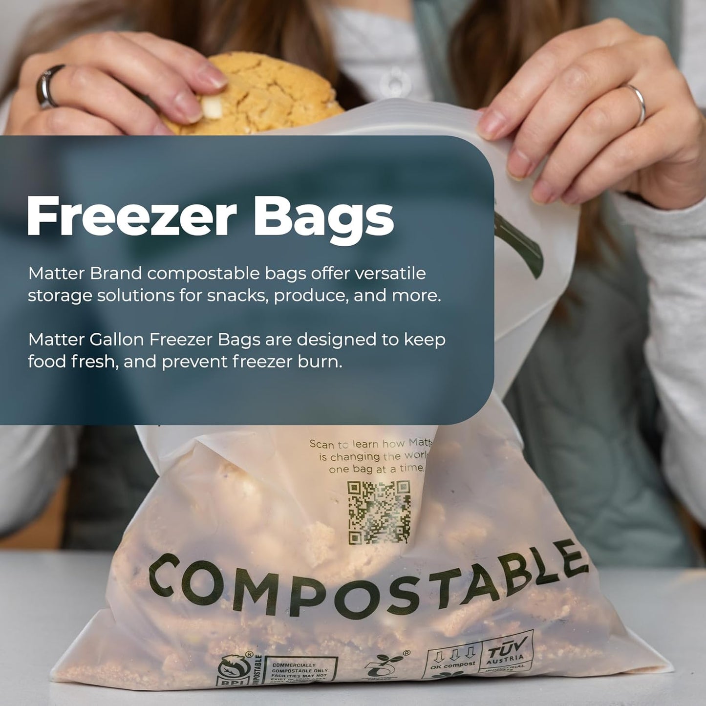 Matter Compostable Gallon Freezer Bags for Food Storage, Eco-Friendly, Resealable, Food Storage