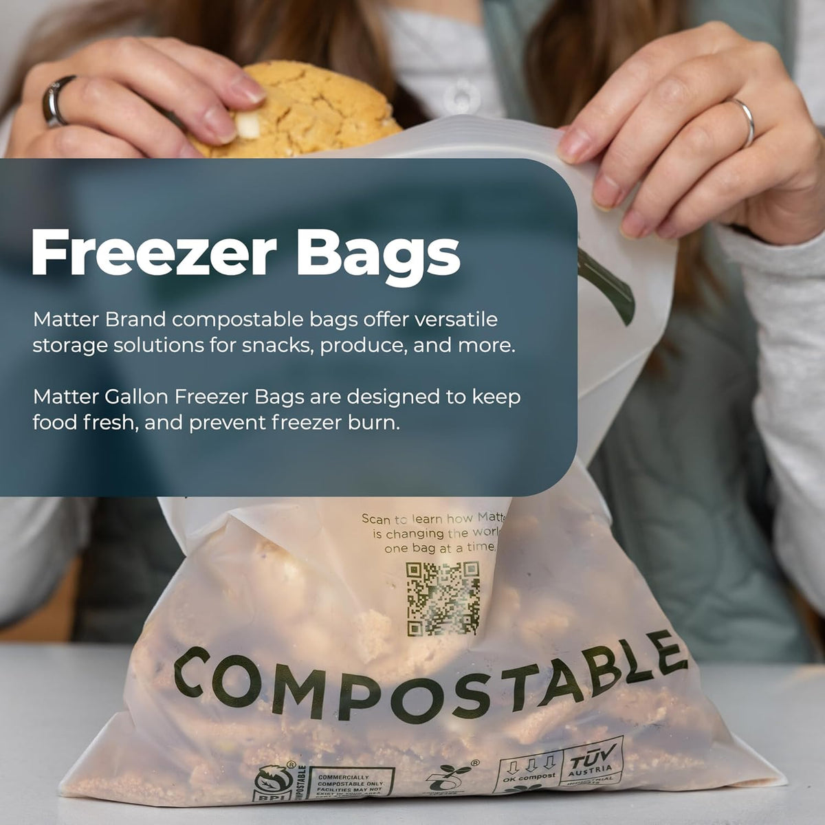 Matter Compostable Gallon Freezer Bags for Food Storage, Eco-Friendly, Resealable, Food Storage