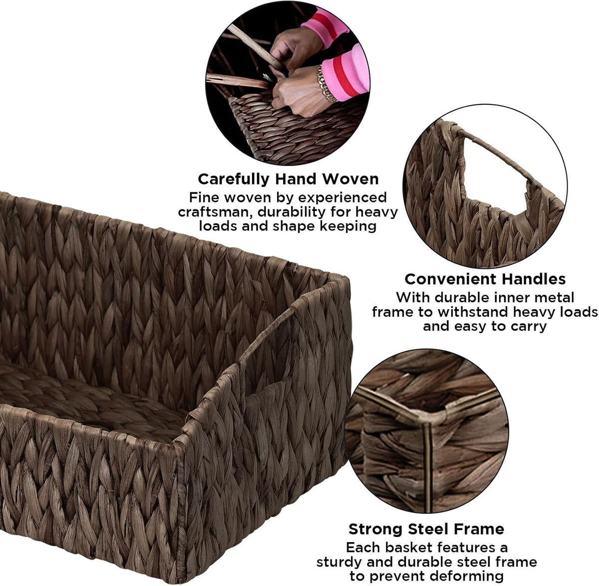 Ollieroo Natural Water Hyacinth Storage Baskets, Handwoven Wicker Storage Bins with Built-in