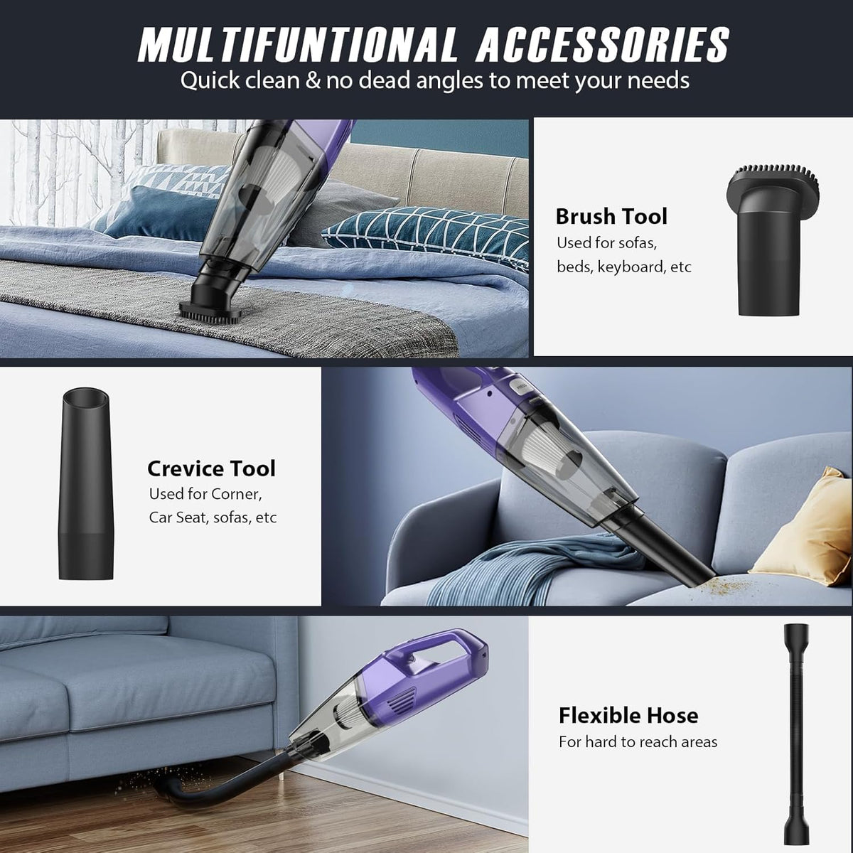 Handheld Vacuum Cordless – Car Vac Portable with 8KPA & Multi Accessories & Low Noise, Lightweight