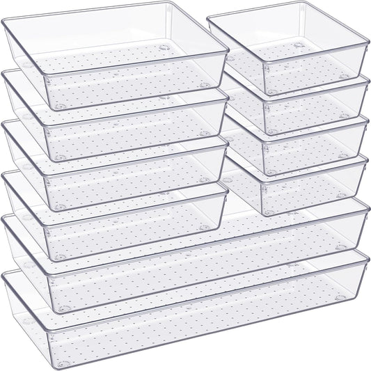 Criusia Drawer Organizer, 10 Pack Large Clear Plast Set, 3 Size Versatile Bathroom and Vanity