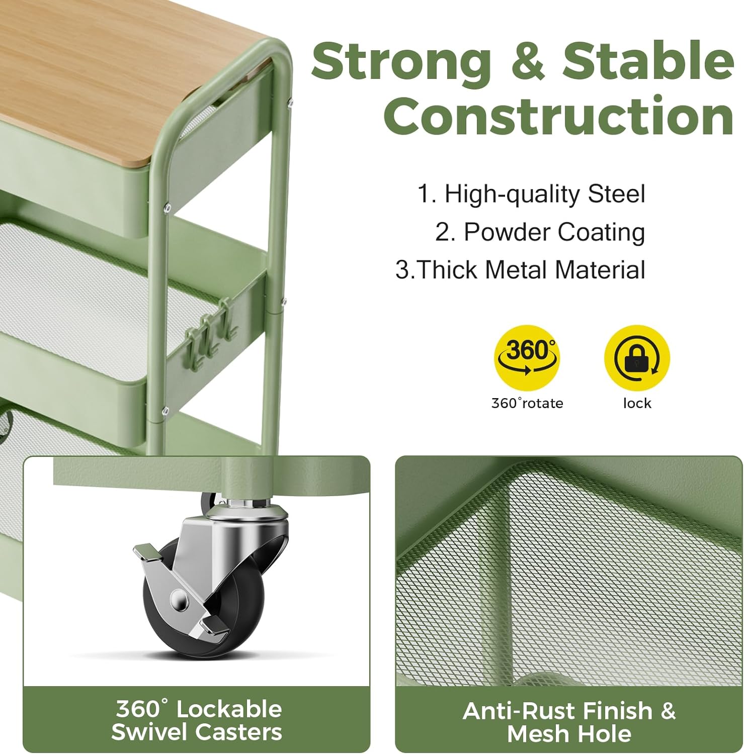 3 Tier Rolling Cart with Table top, Metal Rolling Utility Cart, Sturdy Storage Organizer Cart with