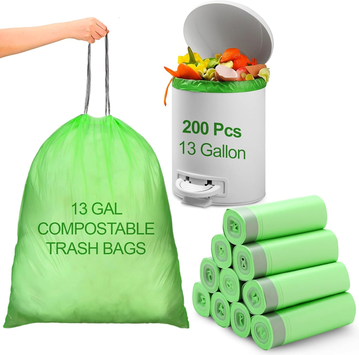 200 Count 13 Gallon Compostable Trash Bags with Drawstring Heavy Duty Extra Thick 1 Mil Kitchen