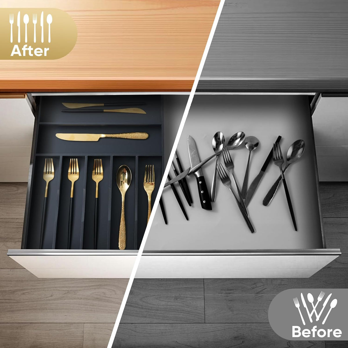 Silverware Organizer, 12.5 Inch Utensil Organizer Kitchen Drawer Organizer Bamboo Silverware Holder