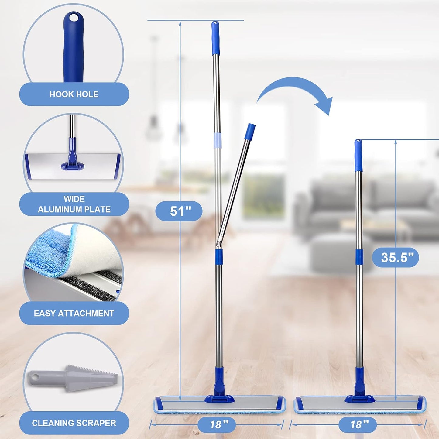 18" Professional Microfiber Mop Floor Cleaning System, Flat Mop with Stainless Steel Handle, 4