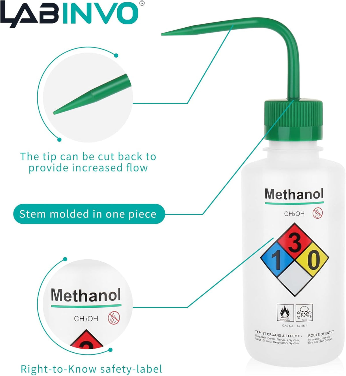 4pcs of Methanol Wash Bottles, Vol.500ml (17oz), Narrow Mouth, Self-Venting Safety Wash Bottles