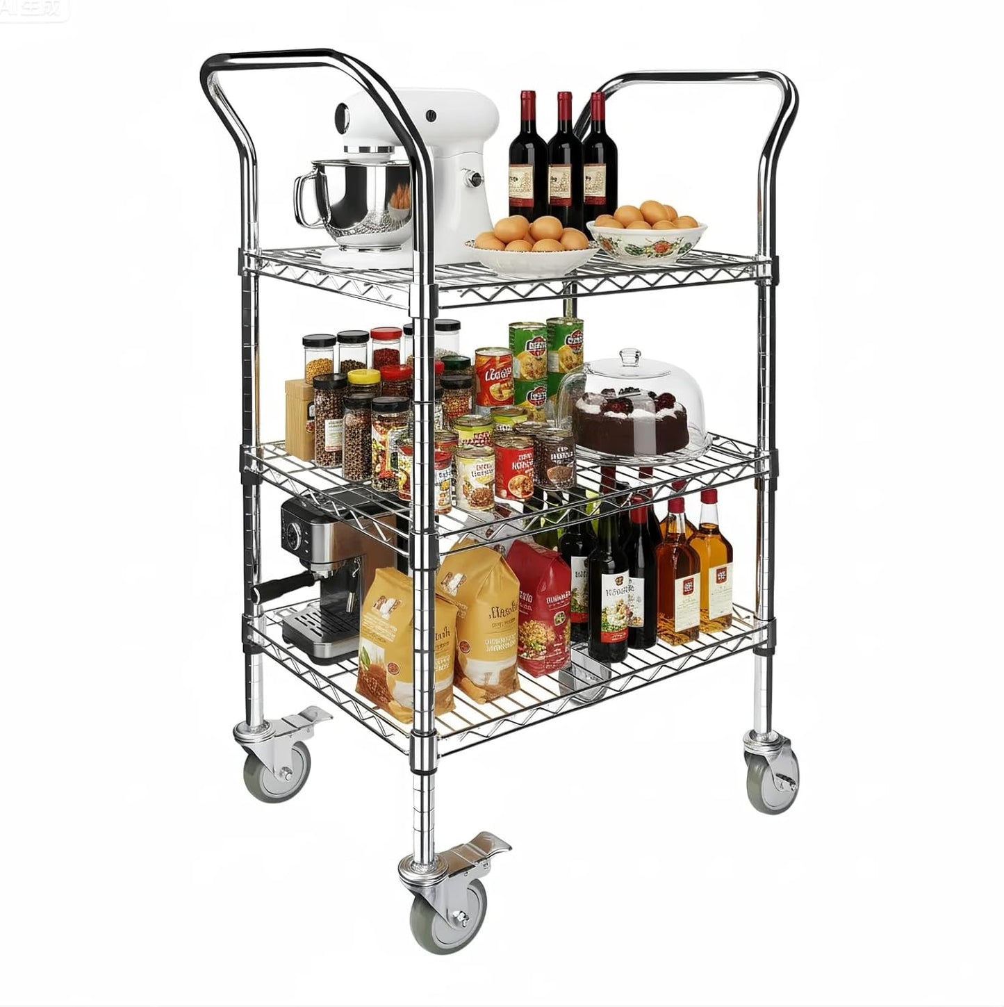 Northsky 3-Shelf Wire Utility Cart on Wheels, Chrome Finish Rolling Metal Shelving with Wheels